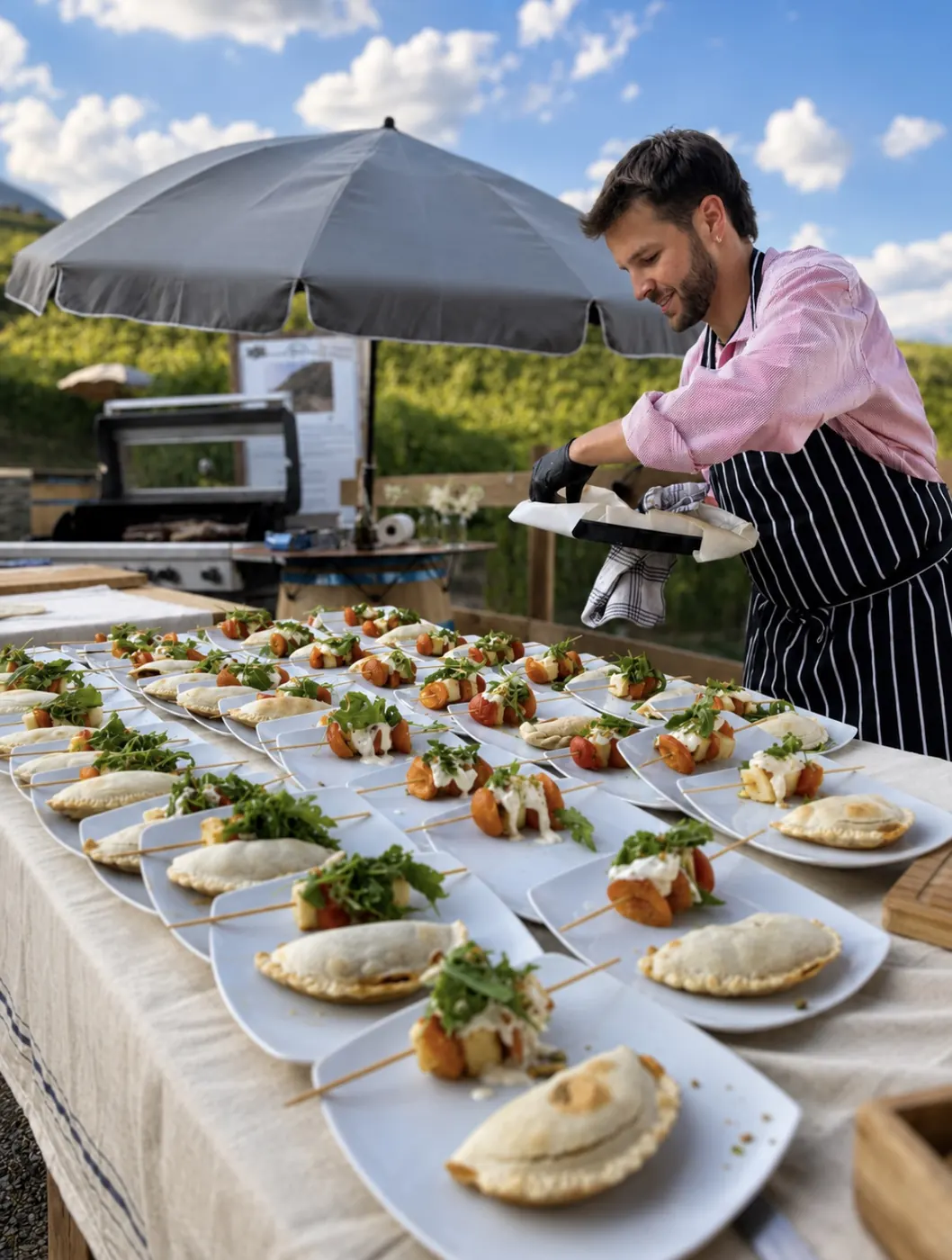 Empanadas going onto the plates one by one