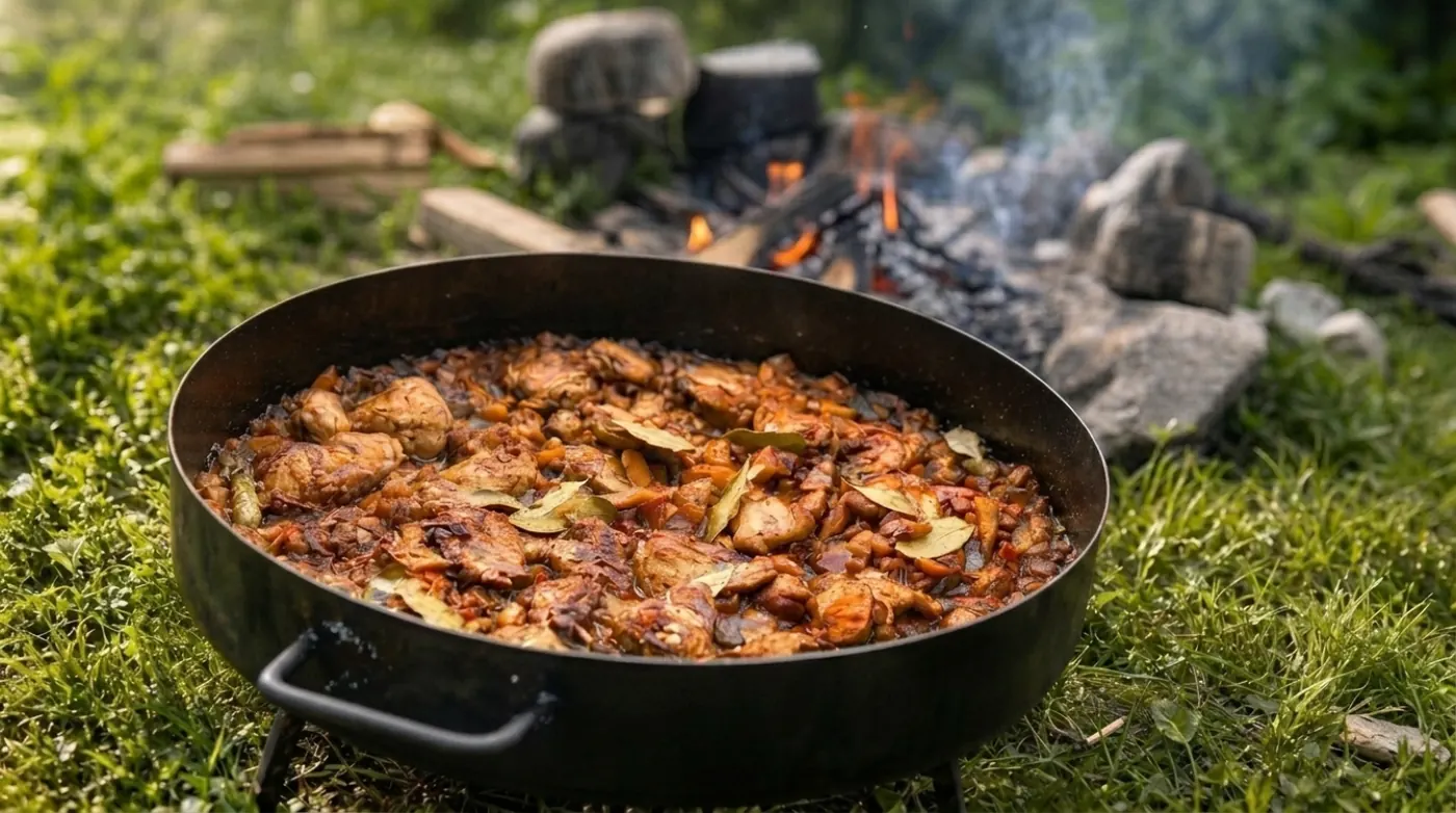 The disco full of food, resting on the grass next to the fire