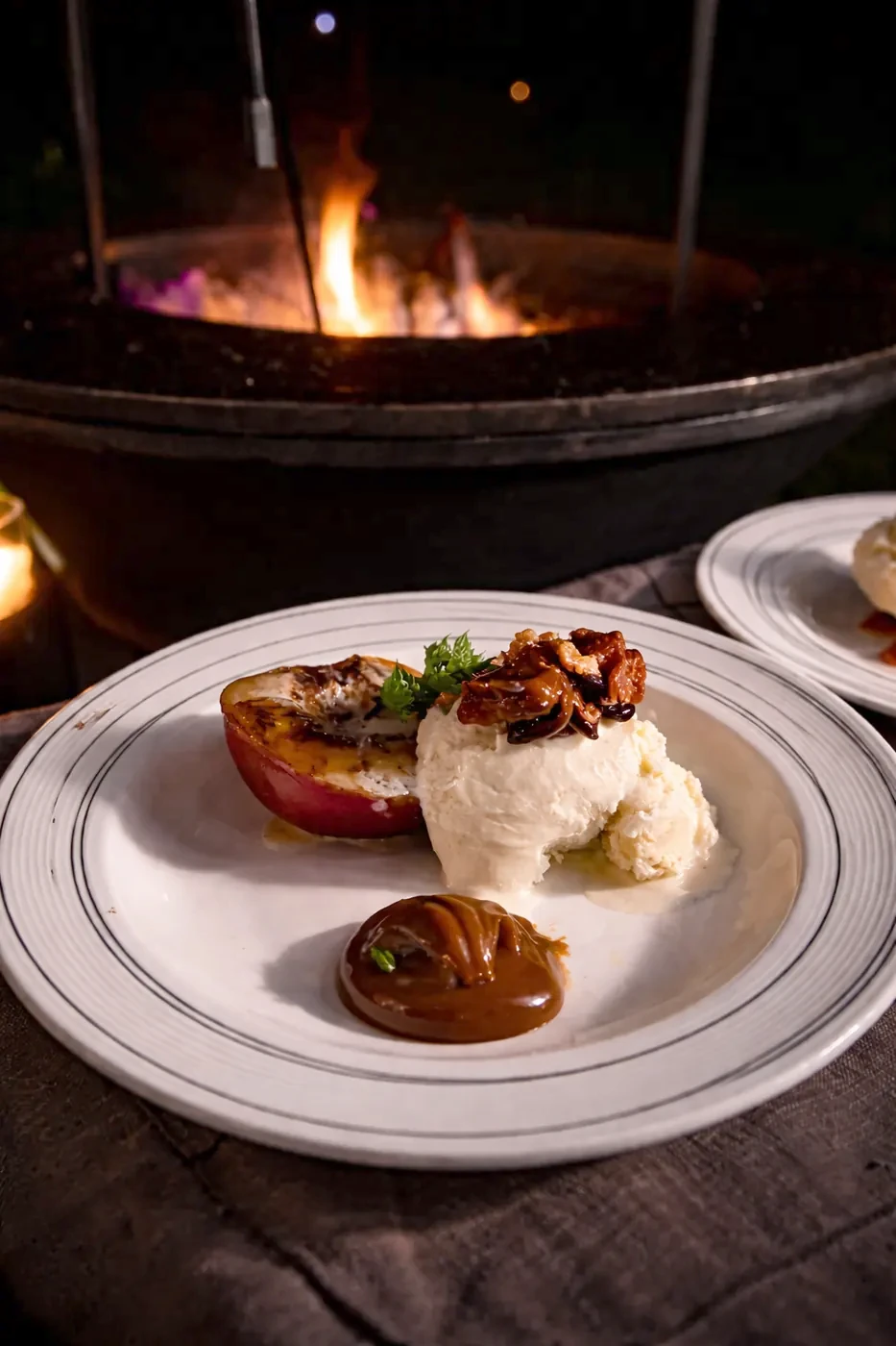Grilled peaches with dulce de leche, plated by firelight